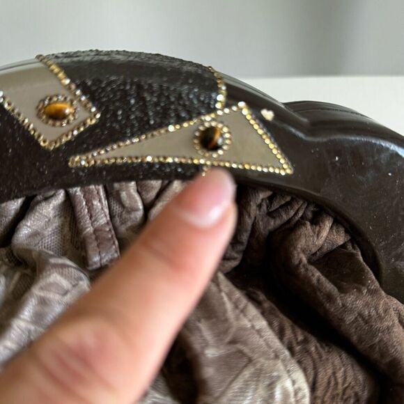 Vintage Patchwork Leather Wooden Handle Clutch With Stones - Picture 6 of 11